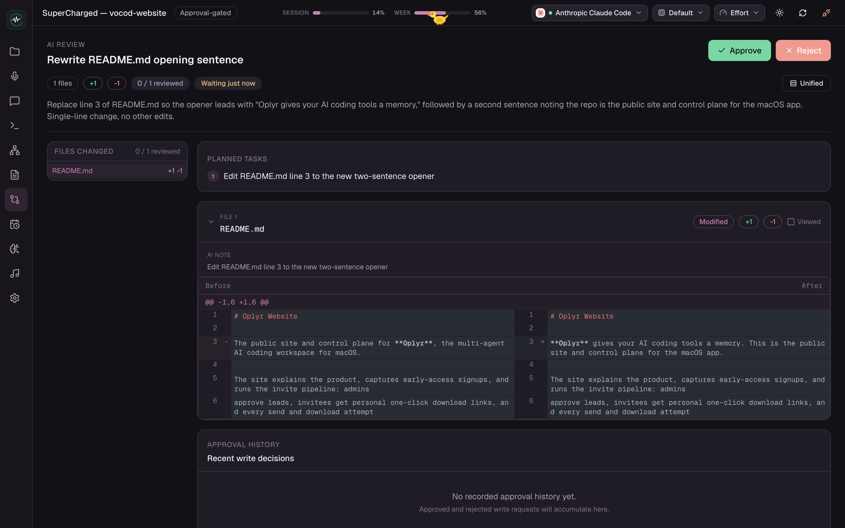 Oplyr’s review screen: a one-line README change shown as a before and after diff, with Approve and Reject buttons and the status Waiting