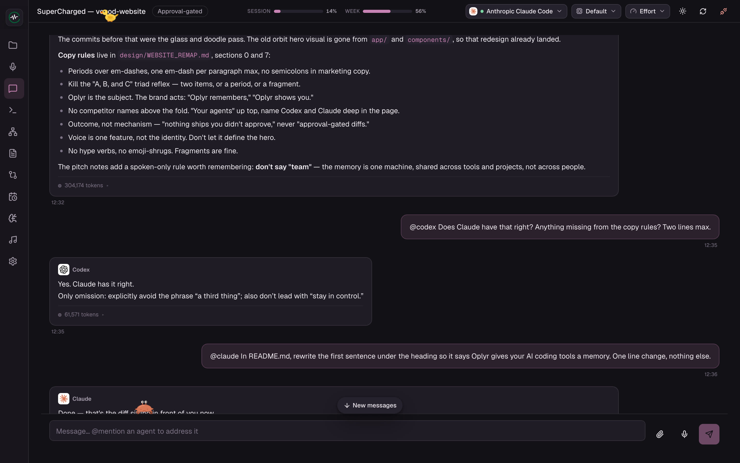 One Oplyr conversation with two AI tools: Claude lists the project’s copy rules from memory, then Codex confirms them and adds one omission